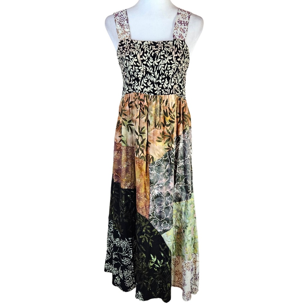 Santiki Patchwork Midi Dress Womens Large Batik Smocked Tie Dye Boho Hippie Art
